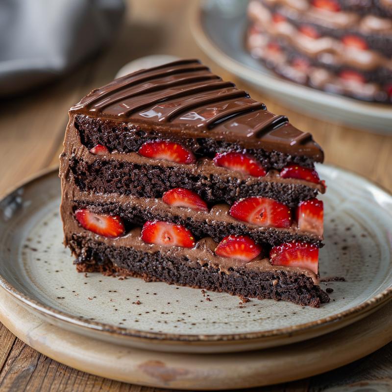 Slice of layered chocolate cake with strawberries on a plate.
