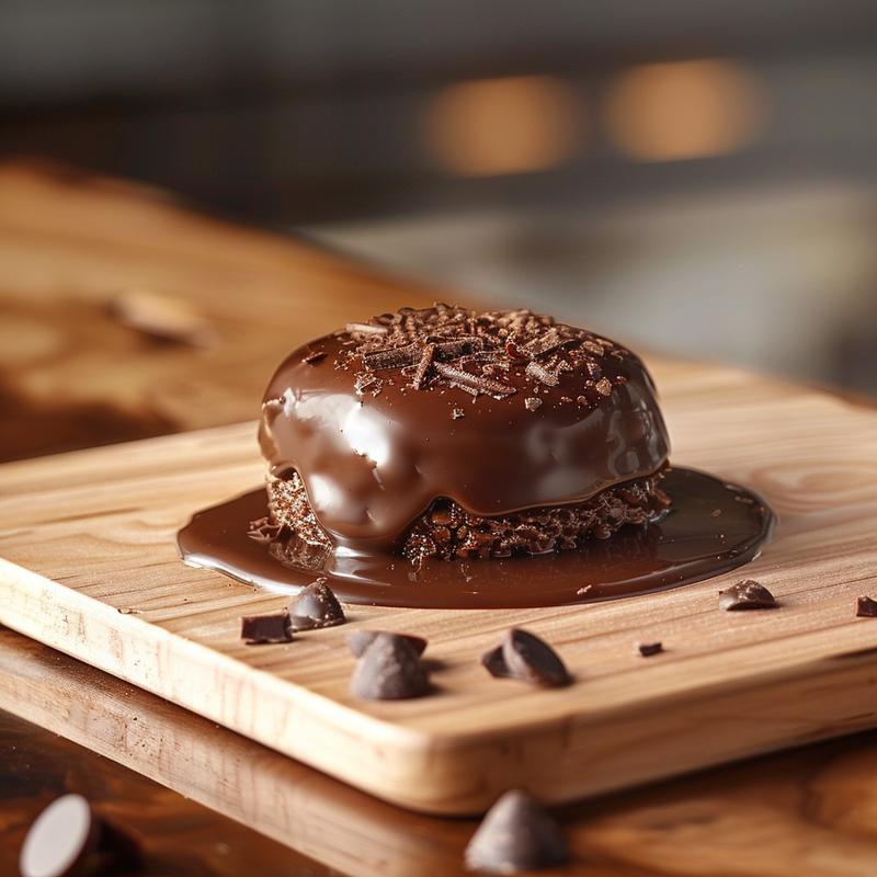 Close up of chocolate covered strawberries in a plastic cup on wood.