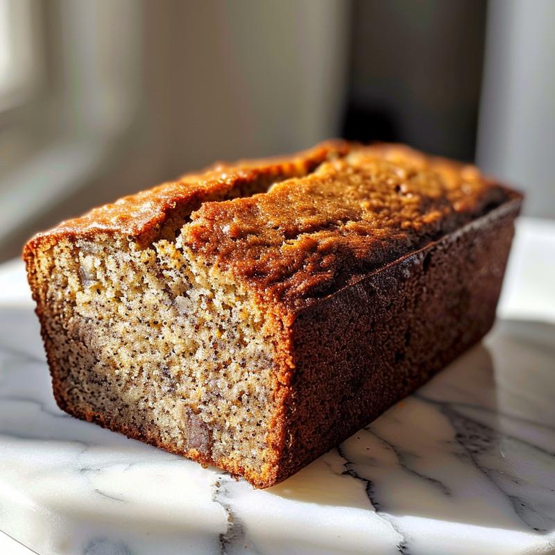 Close-up of a slice of keto banana bread on a marble surface.
