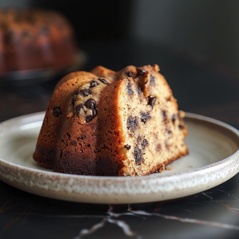 A close-up view of a slice of banana chocolate chip bundt cake on a light grey ceramic plate.