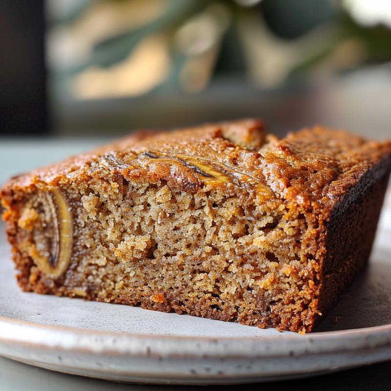 Close-up of a slice of moist Greek yogurt banana bread on a light grey plate with a smooth texture.