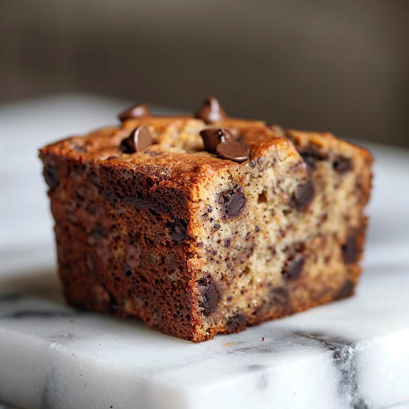 Close-up of a slice of healthier chocolate chip banana bread on a white marble surface.