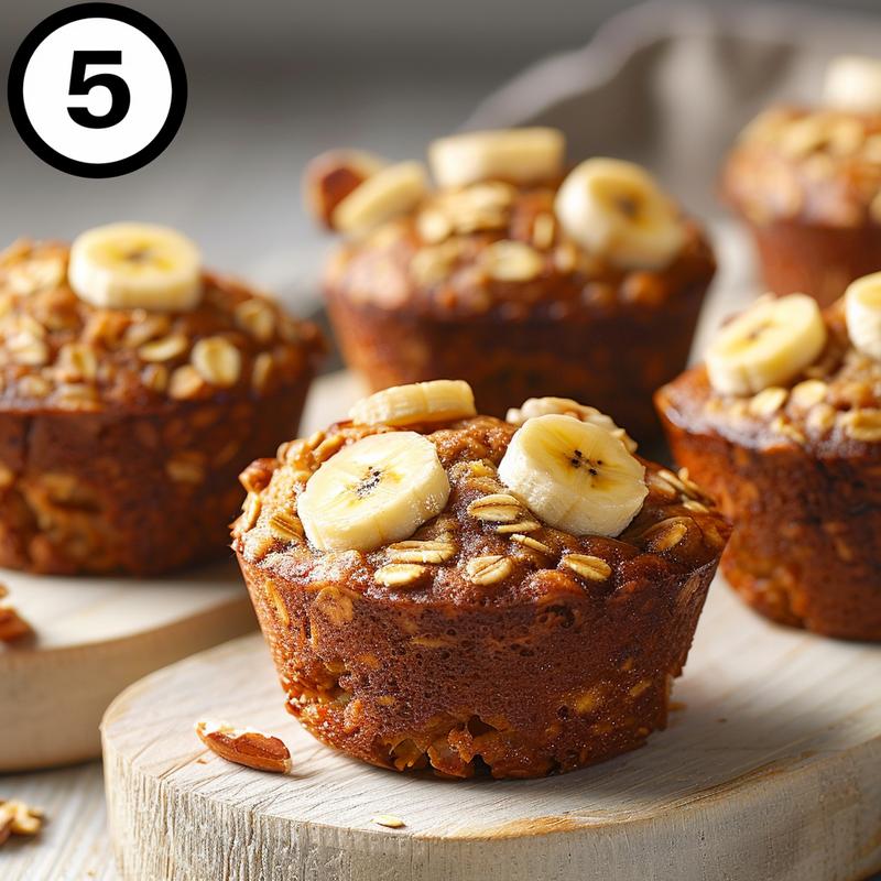 Close-up of healthy banana oatmeal muffins on a light wood board with soft shadows.