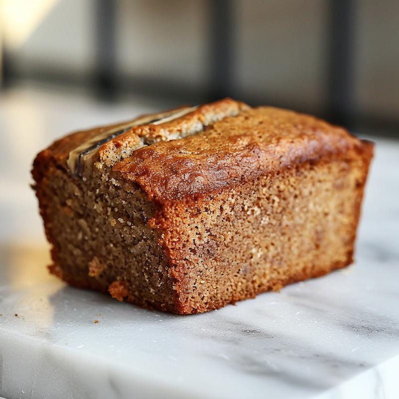 Close-up view of a slice of sugar-free banana bread on a marble surface, showcasing its moist texture.