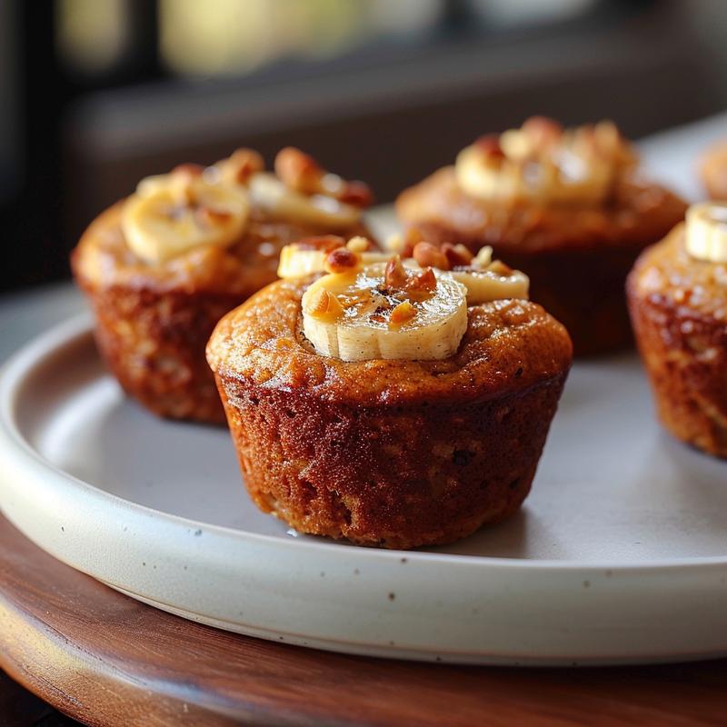 A close-up view of a golden-brown banana bread protein muffin on a light gray ceramic plate.