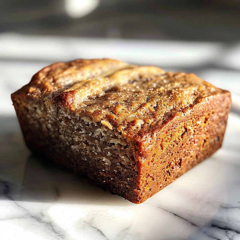 Close-up of a fluffy slice of keto banana bread on a white marble surface.