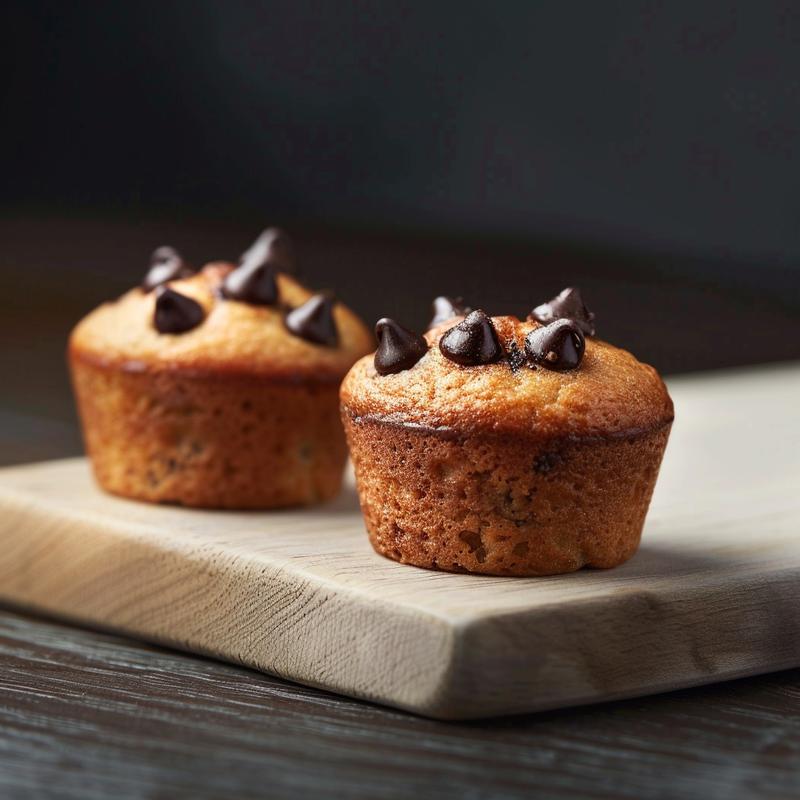 Close-up of a moist sourdough banana muffin studded with chocolate chips on a wooden board.