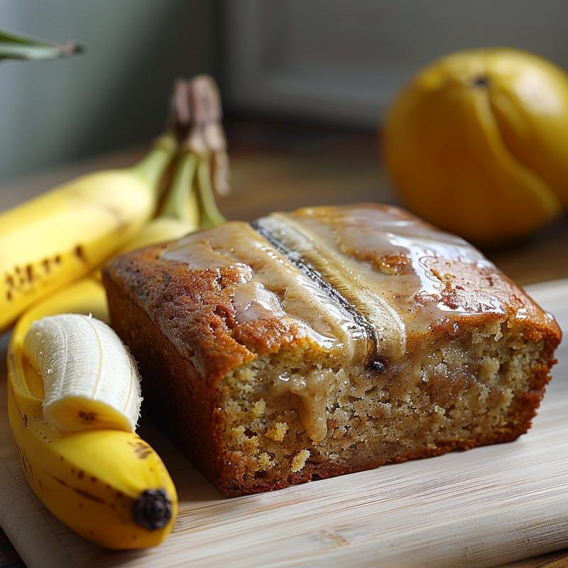 Close-up of a slice of moist banana bread with two whole bananas beside it on a wooden board.
