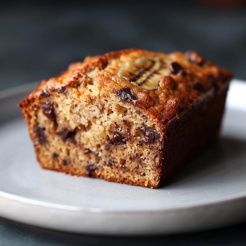 Close-up of a slice of sourdough banana bread with chocolate chips on a light grey plate.