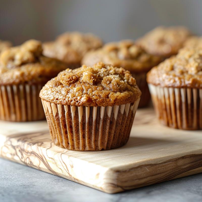 Close-up of Greek yogurt banana muffins on a light wood board, showcasing texture and color.