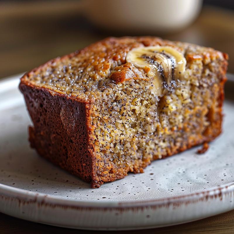 Close-up of a slice of banana bread on a light grey plate with a soft focus background.