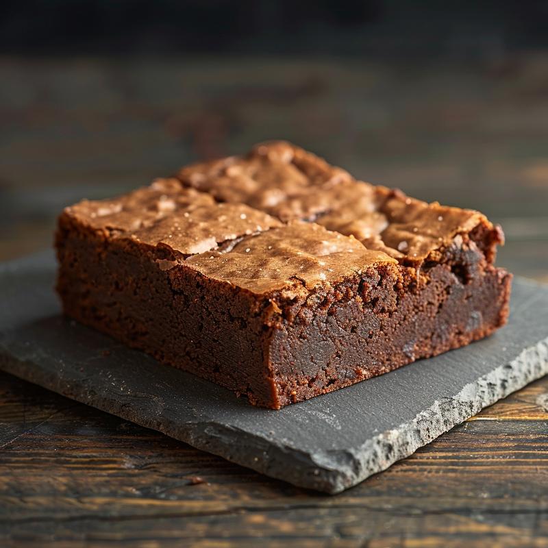 Close-up of a rich, dark brownie on a chipped slate plate.