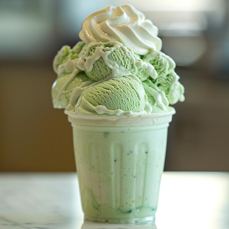 Close up of a green Shamrock Shake on white marble.