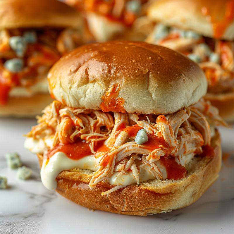 Close-up of buffalo chicken sliders on a white marble surface.