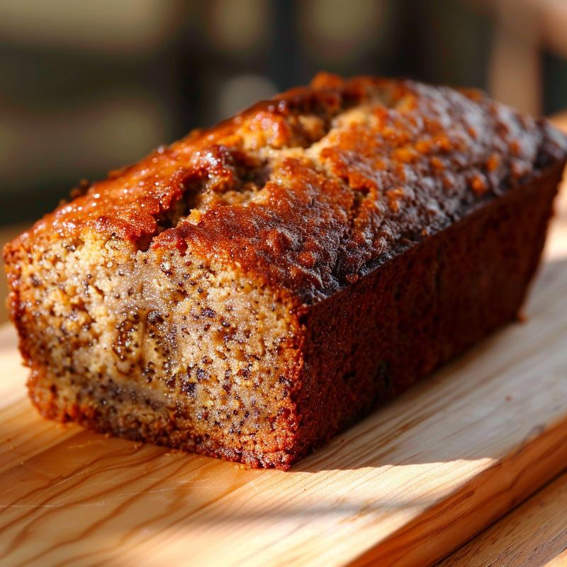 Close-up of a slice of banana bread on a light wood board, showcasing its texture.