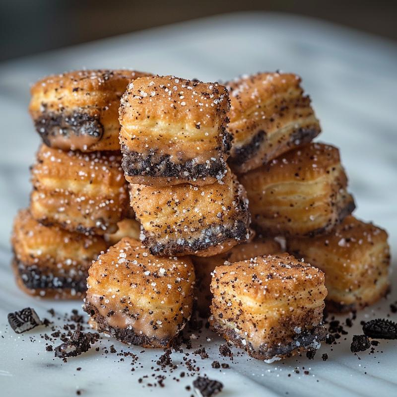 Close-up of Oreo churro bites with Nutella dip on white marble.