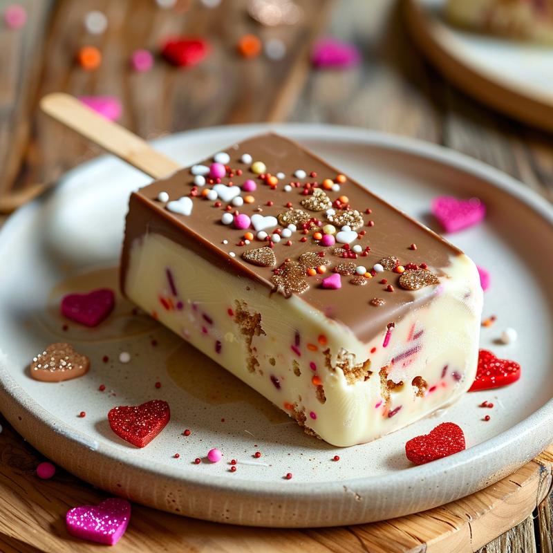 Close-up of a Valentine's Day cakesicle gift box slice showing chocolate, sprinkles, and edible glitter on a wooden board.