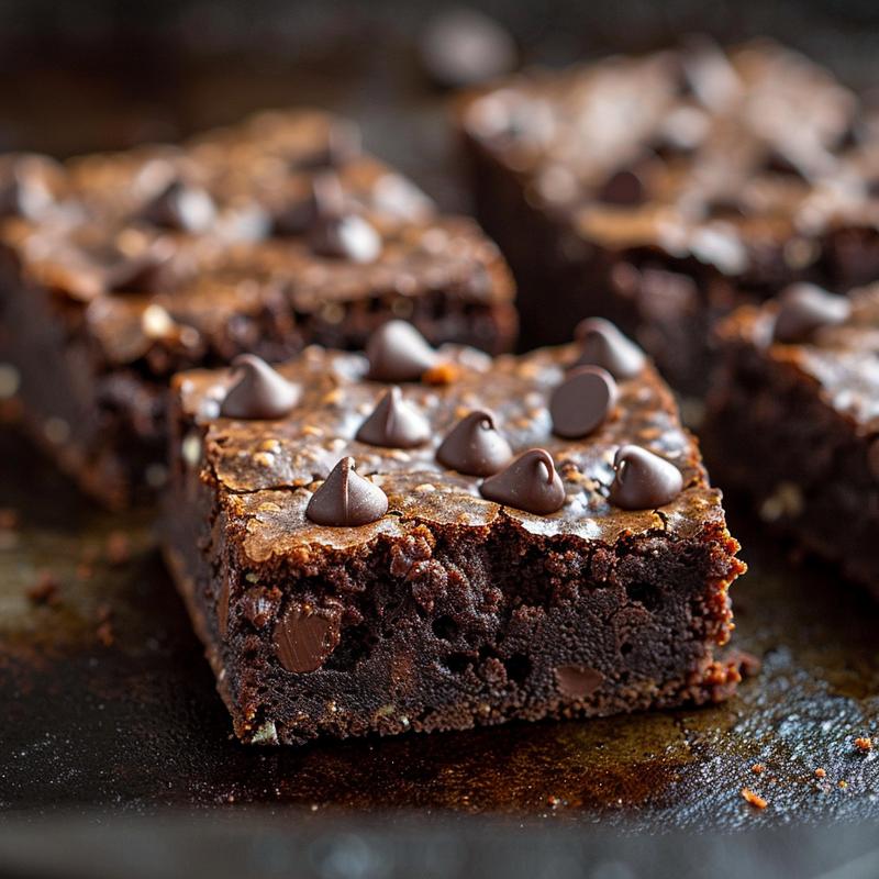Close-up of a dark chocolate brownie with visible chocolate chips.