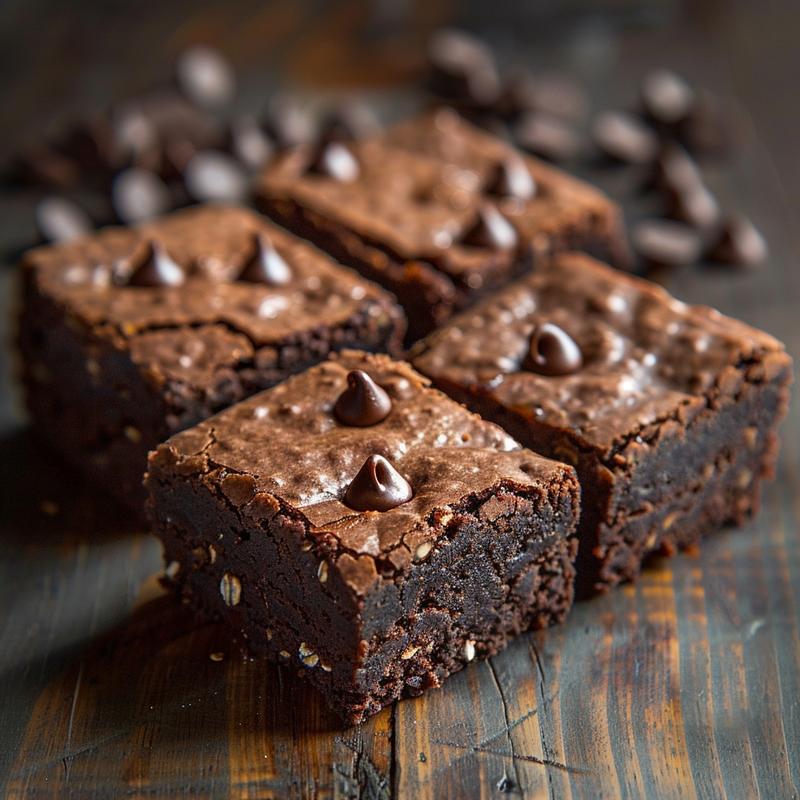 Close-up of a dark, rich brownie with melted chocolate chips on a dark wooden surface.