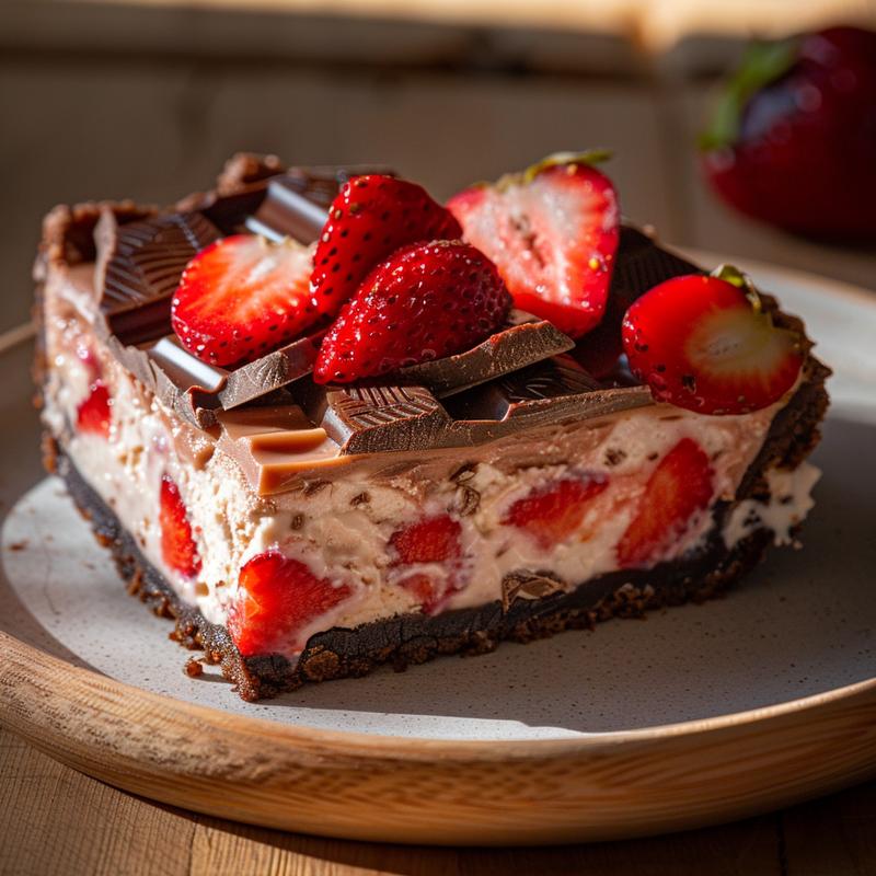 Close-up of a layered strawberry cheesecake chocolate bar slice on a wood board.