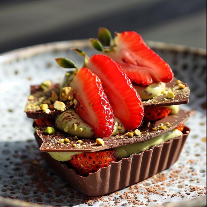 Close-up of a layered Dubai chocolate strawberry dessert cup on a grey plate.