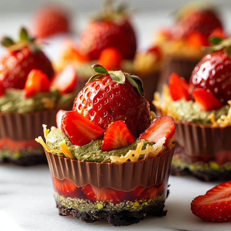Close-up of a layered dessert in a cup with chocolate, pistachio cream, kataifi, and strawberries.