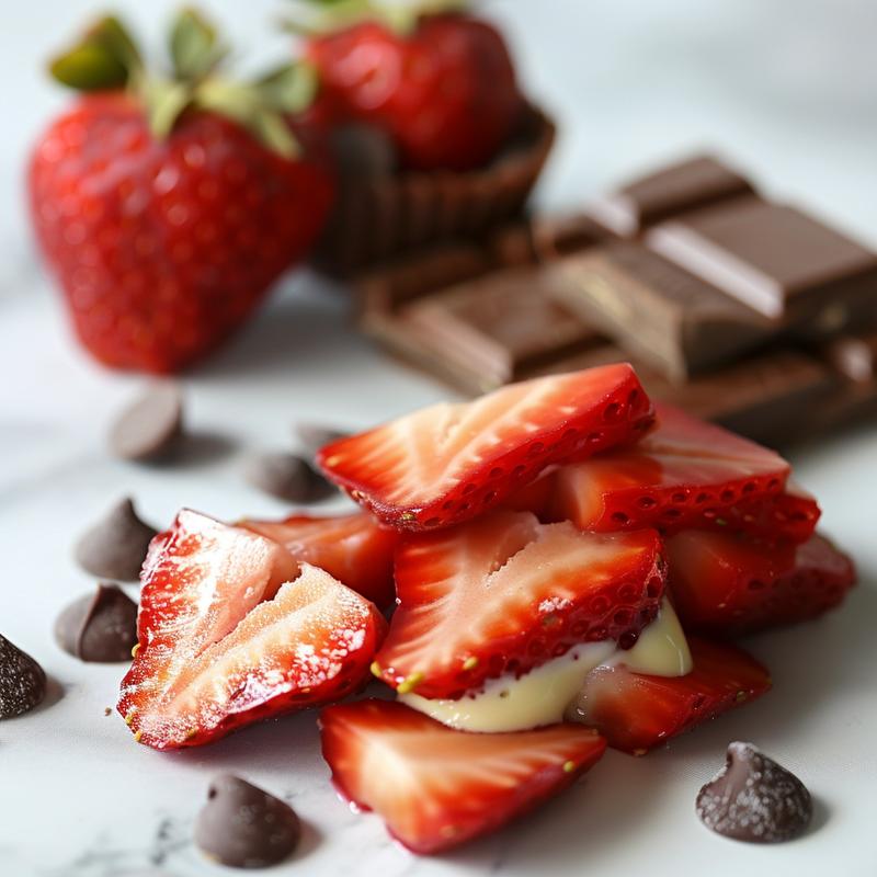 Close-up of a chocolate strawberry dessert with fresh strawberries.