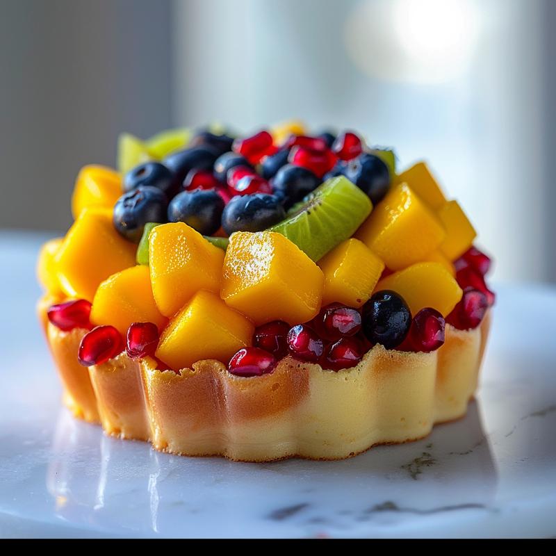 Close-up of a colorful fruit cup with mango, strawberries, kiwi, pomegranate seeds, and blueberries on white marble.