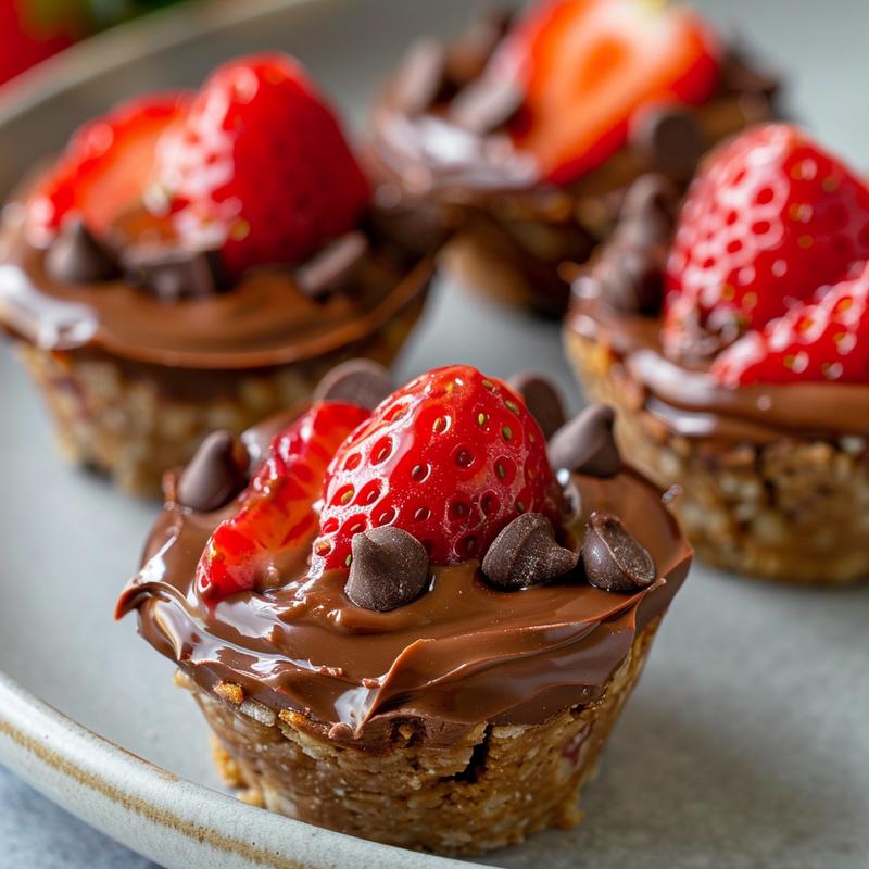 Close-up of chocolate strawberry cups with crushed biscuit base.