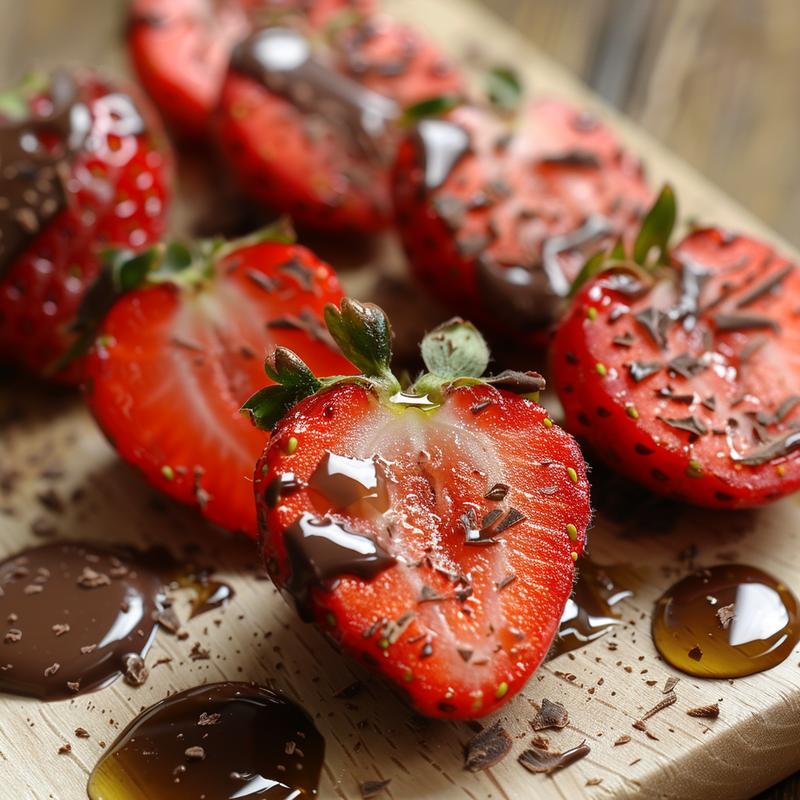 Close-up of a chocolate-covered strawberry on a light wood board.