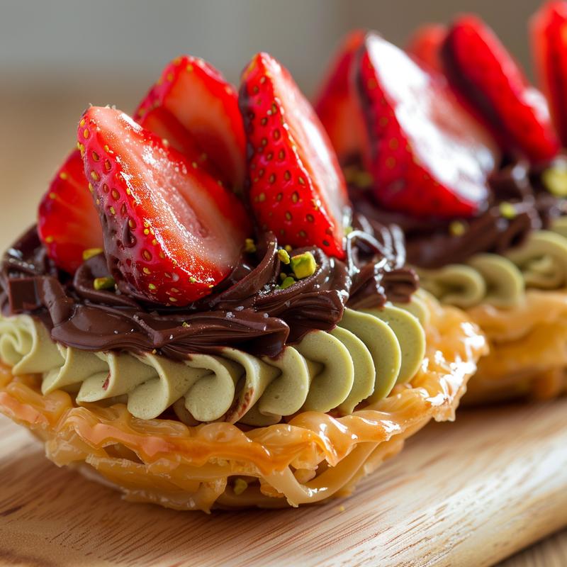 Close-up of a Dubai chocolate strawberry cup featuring visible layers of strawberries, pastry, and chocolate.