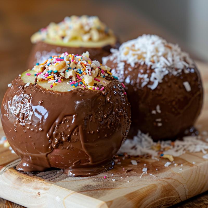 Close-up of a milk chocolate dipped apple slice on a light wood board.