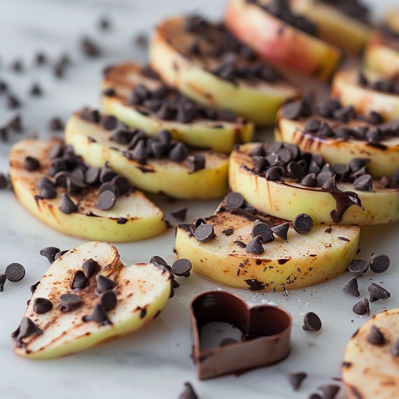 Close-up of heart-shaped apple slices dipped in dark chocolate on white marble.