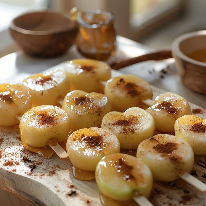 Close-up of candy apples with honey on a light wooden board.