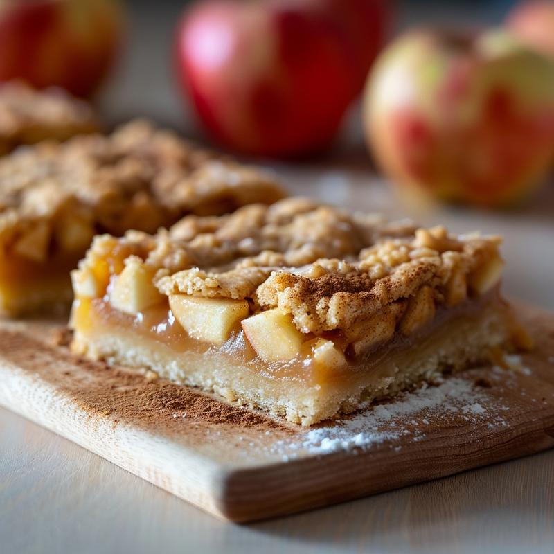 Close-up of caramel apple dessert bar ingredients on light wood.