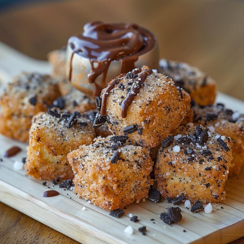 Close-up of Oreo churro bites with Nutella dip on a light wood board.