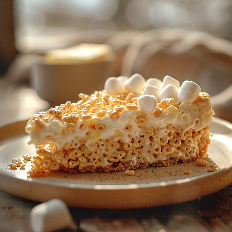 Close-up of a Rice Krispie treat slice on a light wooden board.