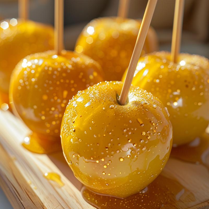 Close-up of a golden candy apple on a light wood board.