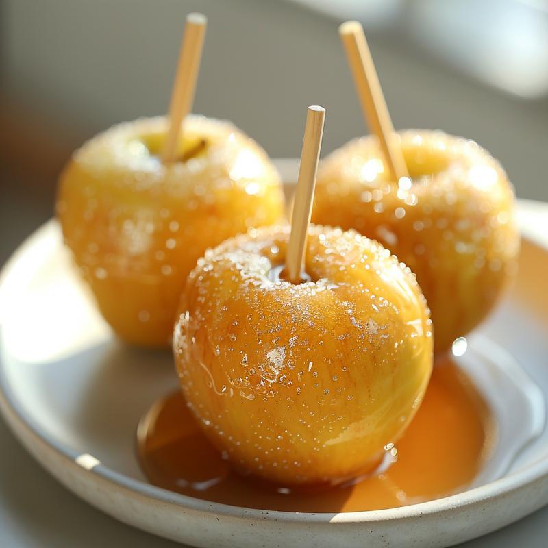 Close-up of a glossy, blue candy apple on a grey plate.
