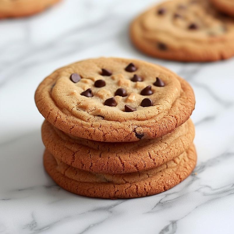 Stack of three chocolate chip cookies on a white marble surface.