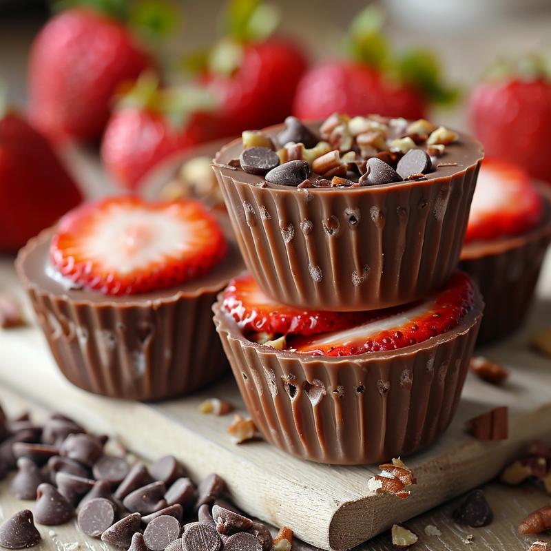 Close-up of chocolate-covered strawberries on a wood board.