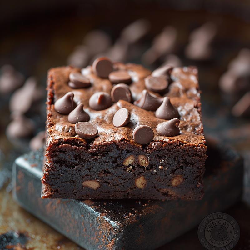 Close-up of a dark chocolate brownie with visible chocolate chips.