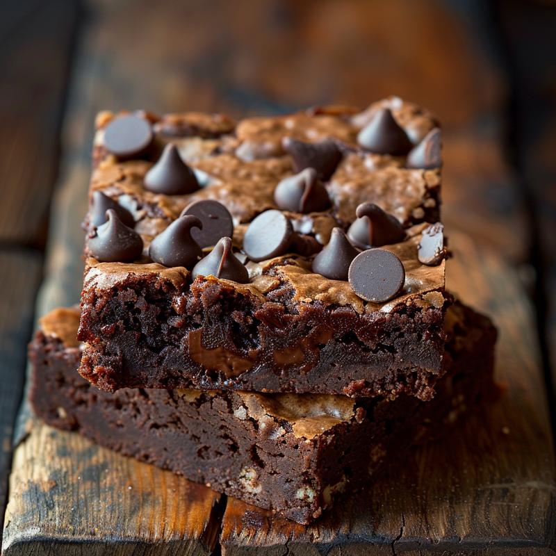 Close-up of a dark, rich brownie with melted chocolate chips on a dark wooden surface.