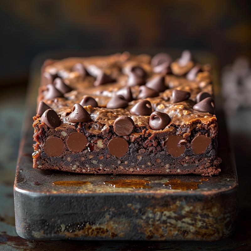 Close-up of a dark chocolate brownie with chocolate chips on a cast iron surface.