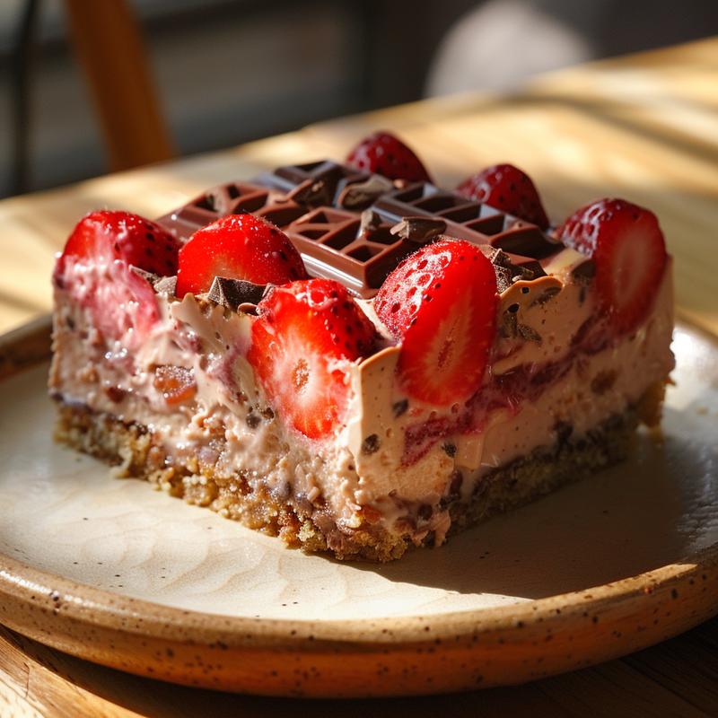 Close-up of a layered strawberry cheesecake chocolate bar slice on a wood board.