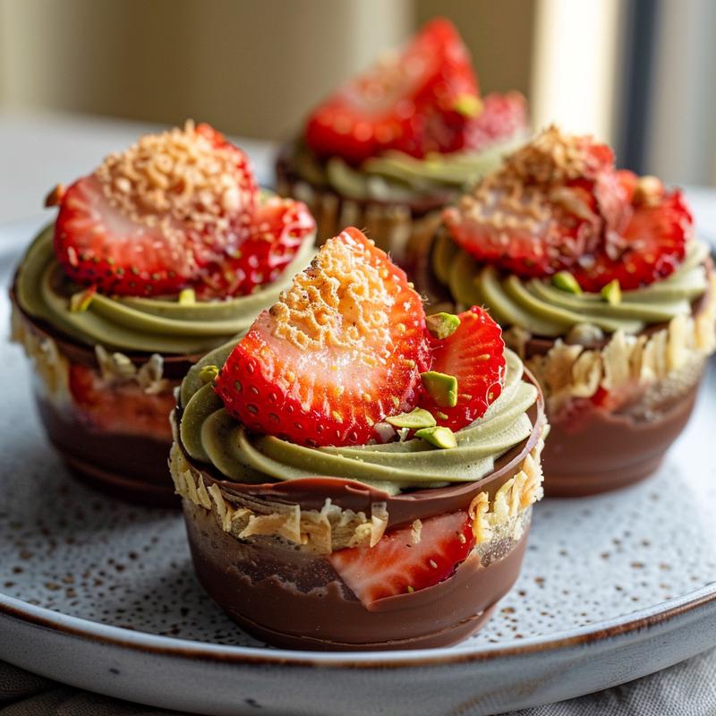 Close-up of a layered Dubai chocolate strawberry dessert cup on a grey plate.