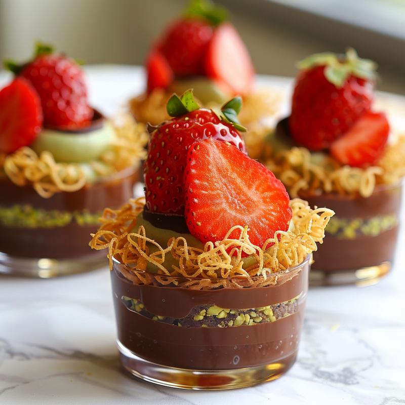 Close-up of a layered dessert in a cup with chocolate, pistachio cream, kataifi, and strawberries.