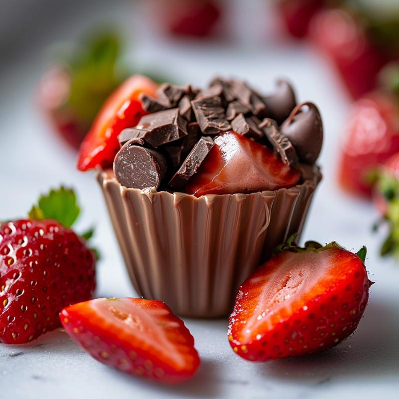 Close-up of a chocolate strawberry dessert with fresh strawberries.