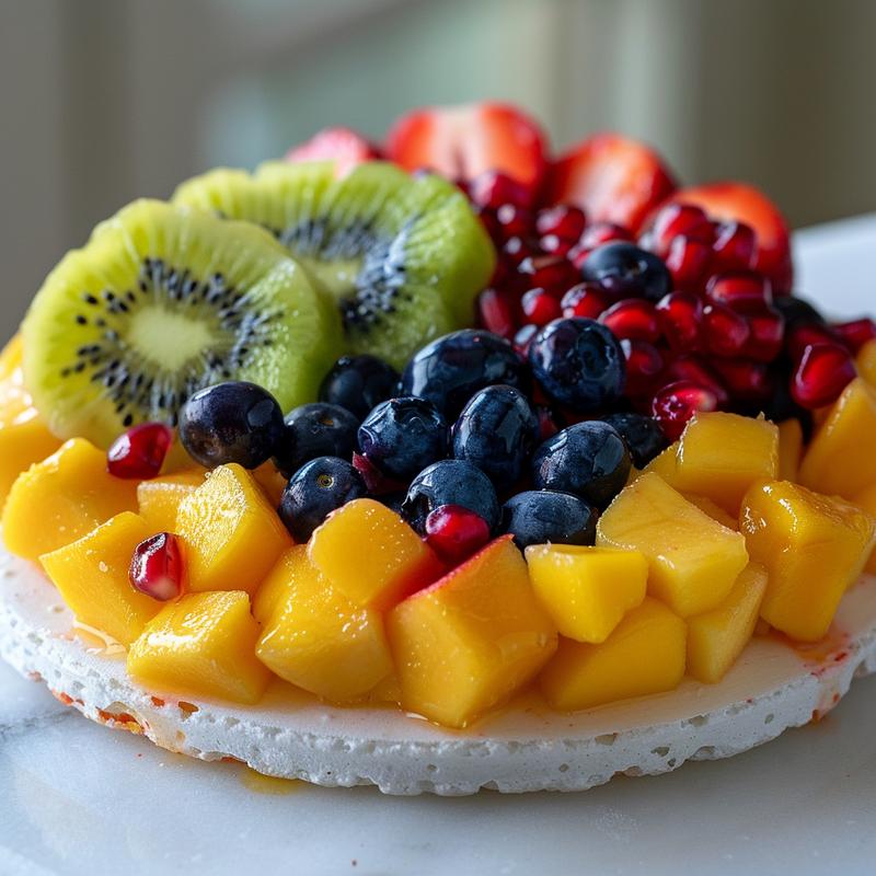 Close-up of a colorful fruit cup with mango, strawberries, kiwi, pomegranate seeds, and blueberries on white marble.