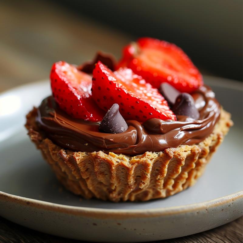 Close-up of chocolate strawberry cups with crushed biscuit base.
